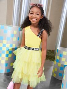 SHEIN Girls Letter Tape Detail Layered Mesh Dress - Yellow - View 4