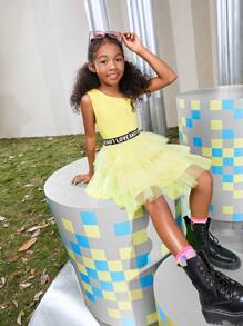 SHEIN Girls Letter Tape Detail Layered Mesh Dress - Yellow - View 5