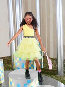 SHEIN Girls Letter Tape Detail Layered Mesh Dress - Yellow - View 7