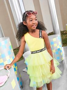 SHEIN Girls Letter Tape Detail Layered Mesh Dress - Yellow - View 8