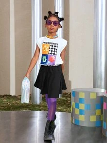 SHEIN Váy Gái Ruy băng Lá thư Giải trí - màu đen - Xem 2