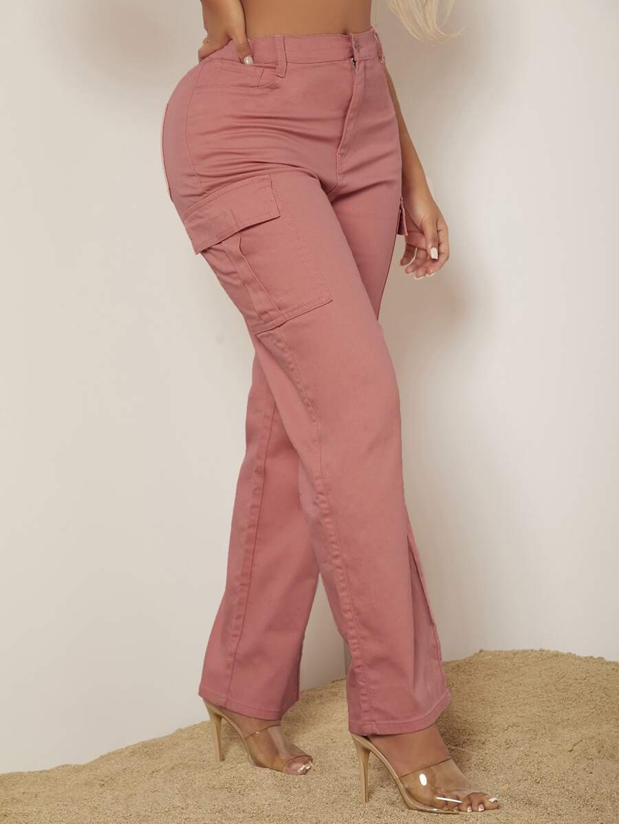 SHEIN SXY 翻蓋口袋補丁貼牛仔褲 - 珊瑚粉 - 查看 1