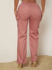 SHEIN SXY 翻蓋口袋補丁貼牛仔褲 - 珊瑚粉 - 查看 2