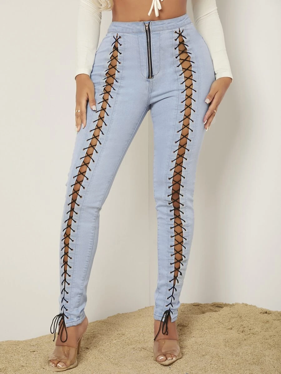 SHEIN Jeans mit Reißverschluss, Tülle Öse, Band