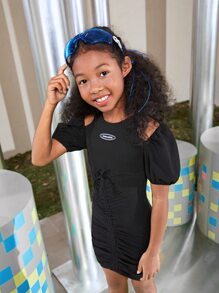 SHEIN Girls Letter Graphic Cold Shoulder Drawstring Ruched Dress - Black - View 1