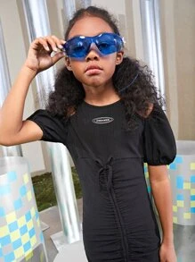 SHEIN Girls Letter Graphic Cold Shoulder Drawstring Ruched Dress - Black - View 3