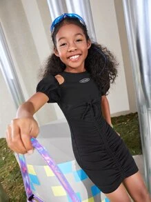 SHEIN Girls Letter Graphic Cold Shoulder Drawstring Ruched Dress - Black - View 4