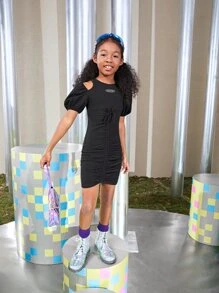 SHEIN Girls Letter Graphic Cold Shoulder Drawstring Ruched Dress - Black - View 6