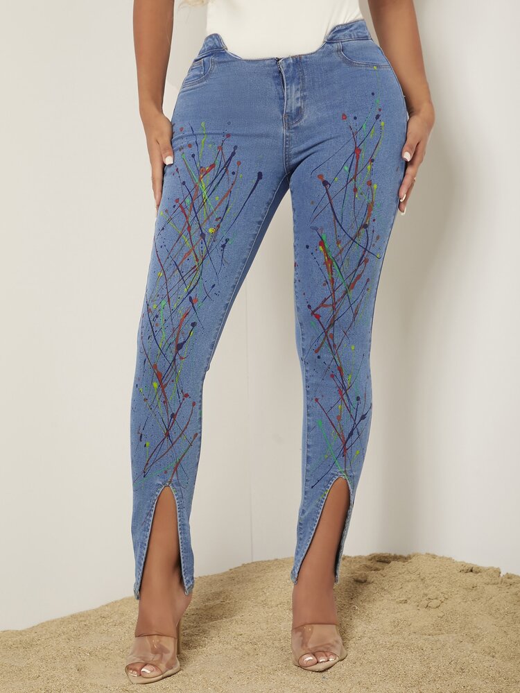 Graphic Print Asymmetrical Waist Split Hem Skinny Jeans