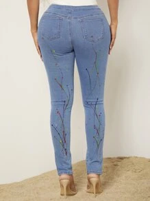 SHEIN Quần jean nữ Bất đối xứng Túi Chia Dây kéo Đồ họa - Rửa nhẹ - Xem 2