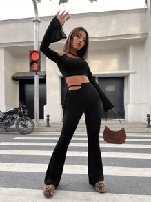 SHEIN ICON Áo thun nữ màu trơn Giải trí - màu đen - Xem 3