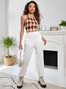 彈性腰帶下擺打結蘿蔔褲 - 白色 - 查看 4