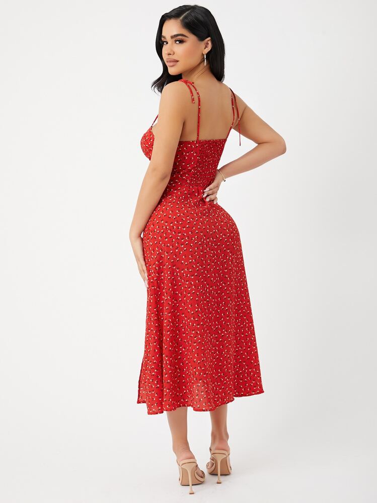 KARISMINA เดรสสายเดี่ยวผ่าข้างลายดอกไม้เล็กๆ สวยหรูสำหรับฤดูร้อน - สีแดง - ดู 3