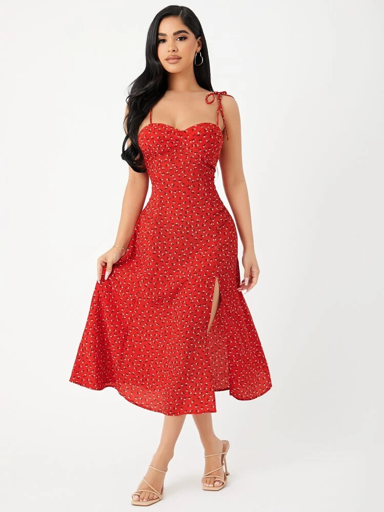 KARISMINA เดรสสายเดี่ยวผ่าข้างลายดอกไม้เล็กๆ สวยหรูสำหรับฤดูร้อน - สีแดง - ดู 4