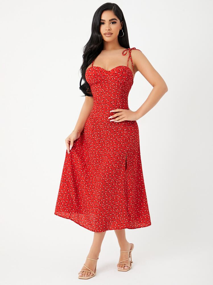 KARISMINA เดรสสายเดี่ยวผ่าข้างลายดอกไม้เล็กๆ สวยหรูสำหรับฤดูร้อน - สีแดง - ดู 5