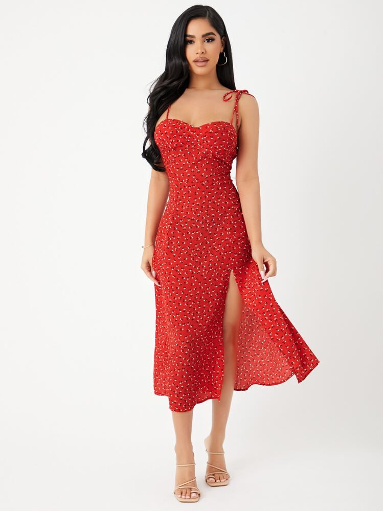 KARISMINA เดรสสายเดี่ยวผ่าข้างลายดอกไม้เล็กๆ สวยหรูสำหรับฤดูร้อน - สีแดง - ดู 6