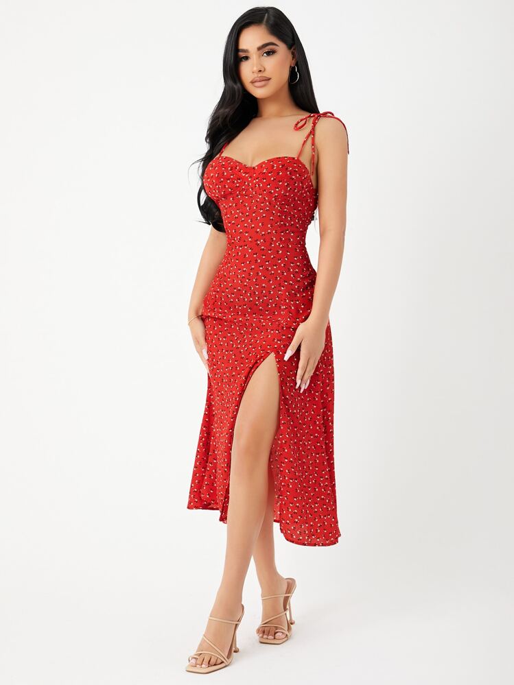 KARISMINA เดรสสายเดี่ยวผ่าข้างลายดอกไม้เล็กๆ สวยหรูสำหรับฤดูร้อน - สีแดง - ดู 7
