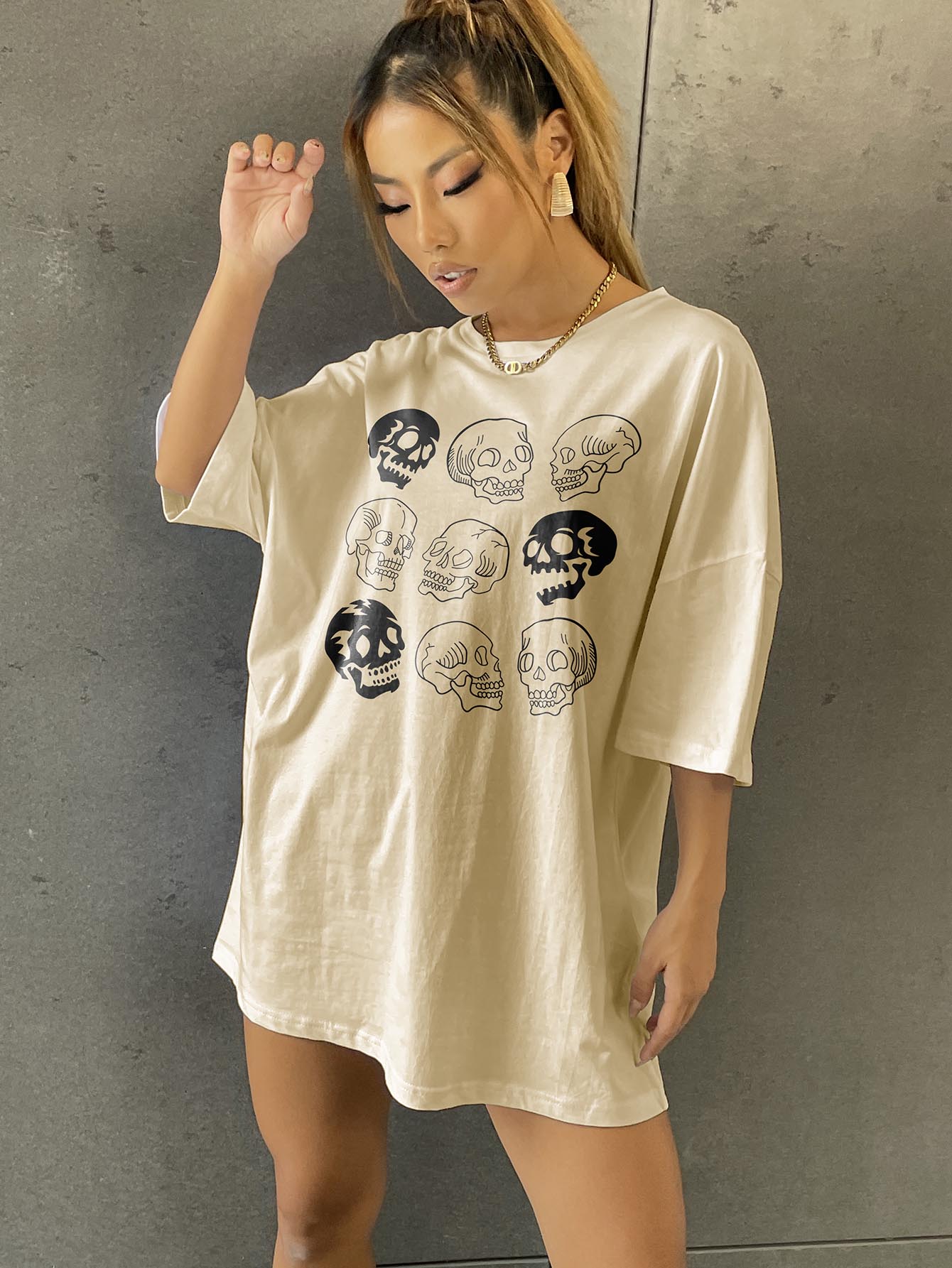 SHEIN Unity Skull Print Drop Shoulder Tee - Khaki - View 1