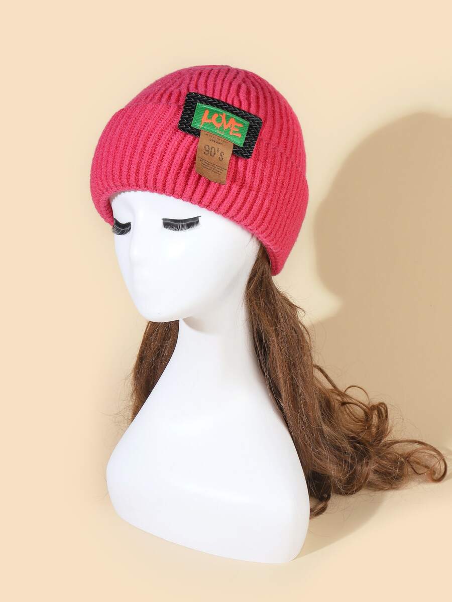 字母貼布開口豆豆帽 - 玫紅色 - 查看 1