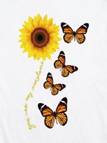 Camiseta con estampado de mariposa y girasol - Blanco - Ver 5