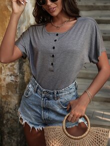 半紐扣開襟蝙蝠袖T恤 - 深灰色 - 查看 3