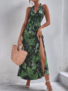 SHEIN VCAY Vestido de espalda abierta con cordón con abertura alta tropical - Multicolor - Ver 3