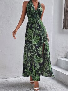 SHEIN VCAY Vestido de espalda abierta con cordón con abertura alta tropical - Multicolor - Ver 5