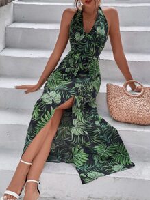 SHEIN VCAY Vestido de espalda abierta con cordón con abertura alta tropical - Multicolor - Ver 1