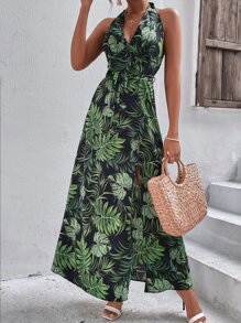 SHEIN VCAY Vestido de espalda abierta con cordón con abertura alta tropical - Multicolor - Ver 6