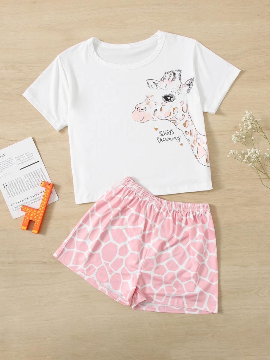 Tween Girl Long Neck Deer Printed Pajamas Set, Including Top And Pants