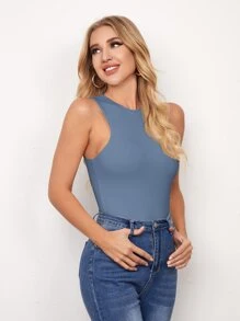 SHEIN Essnce Áo liền quần ôm nữ màu trơn Giải trí - Màu xanh bụi bặm - Xem 4