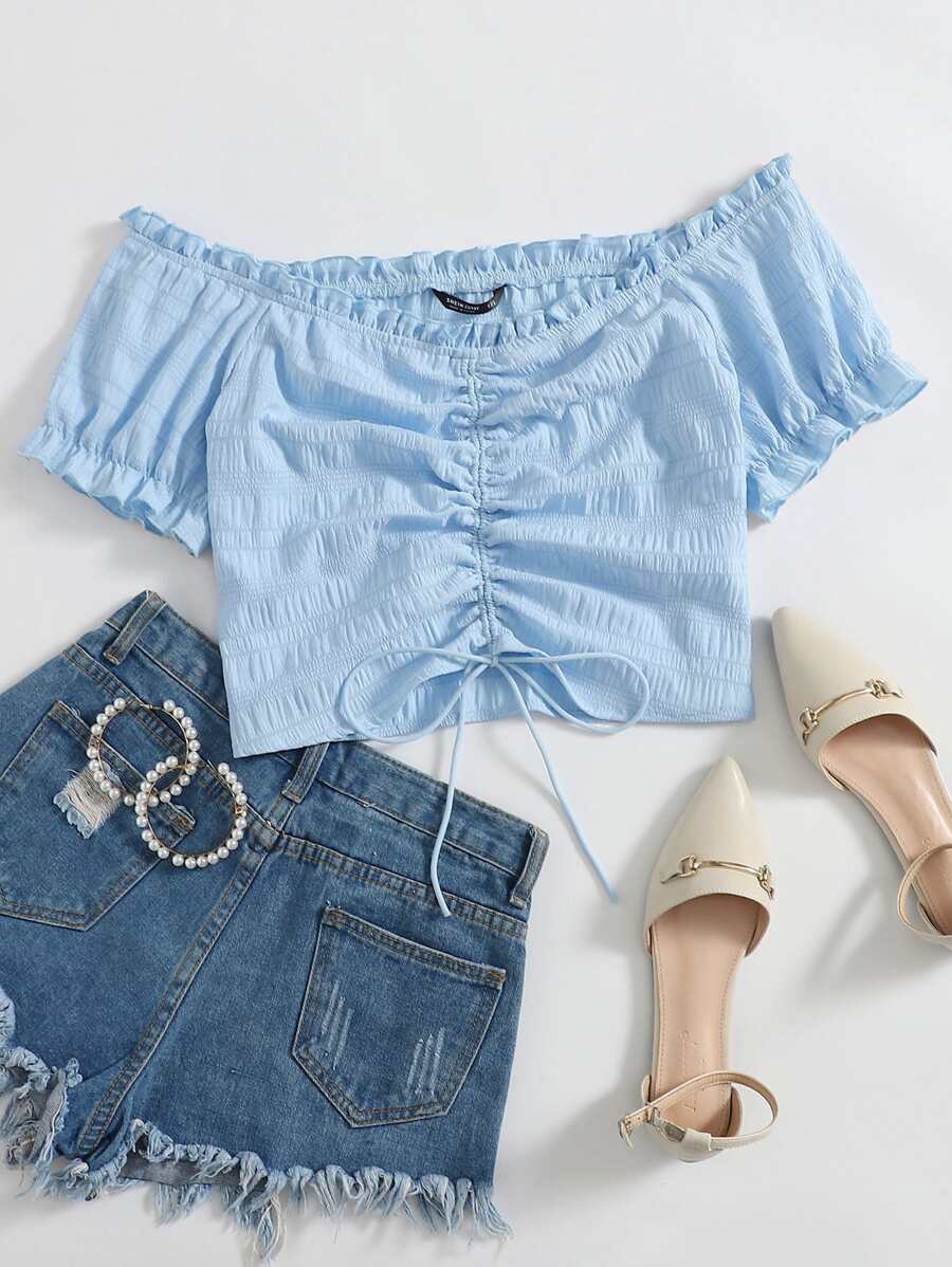 Soleia Áo sơ mi Plus Size Dây kéo viền lá sen Thắt nút Xù màu trơn Boho - Màu xanh nhạt - Xem 1