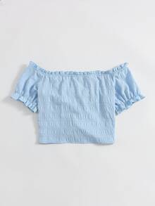 Soleia Áo sơ mi Plus Size Dây kéo viền lá sen Thắt nút Xù màu trơn Boho - Màu xanh nhạt - Xem 2