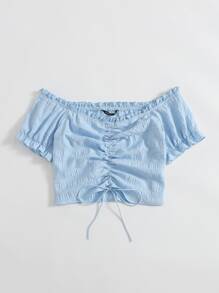 Soleia Áo sơ mi Plus Size Dây kéo viền lá sen Thắt nút Xù màu trơn Boho - Màu xanh nhạt - Xem 3