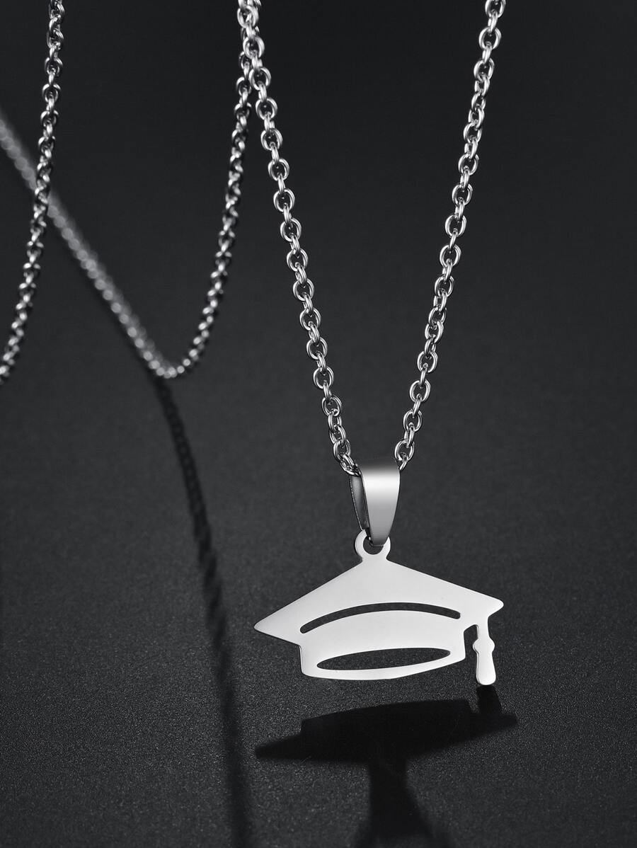 1pc New Stainless Steel Graduation Cap Pendant Necklace, Fashion Necklace For Men And Women, Graduation Gift - Silver - View 1