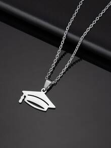 1pc New Stainless Steel Graduation Cap Pendant Necklace, Fashion Necklace For Men And Women, Graduation Gift - Silver - View 2