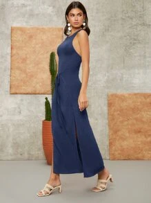 SHEIN VCAY Tie Front Split Thigh Dress - Navy Blue - View 4