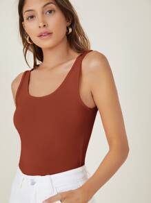 SHEIN BASICS 大圓領素色背心上衣 - 鏽棕色 - 查看 4