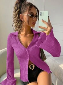 SHEIN ICON Áo sơ mi tay áo lá sen Ren Mộc nhĩ - Màu tím - Xem 1