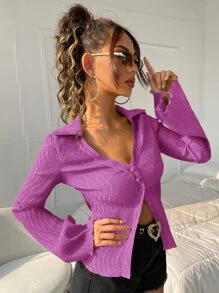 SHEIN ICON Áo sơ mi tay áo lá sen Ren Mộc nhĩ - Màu tím - Xem 3