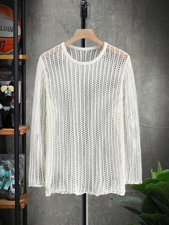 Manfinity Fever City Men Solid Open Knit Top Round Neck Long Sleeve Pullover Plain White Sweater For Boyfriend Gift, Fall