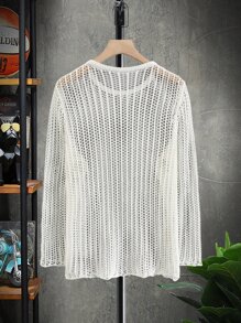 Manfinity Fever City Men Solid Open Knit Top Round Neck Long Sleeve Pullover Plain White Sweater For Boyfriend Gift