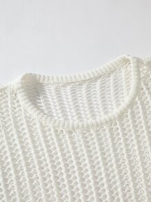 Manfinity Fever City Men Solid Open Knit Top Round Neck Long Sleeve Pullover Plain White Sweater For Boyfriend Gift