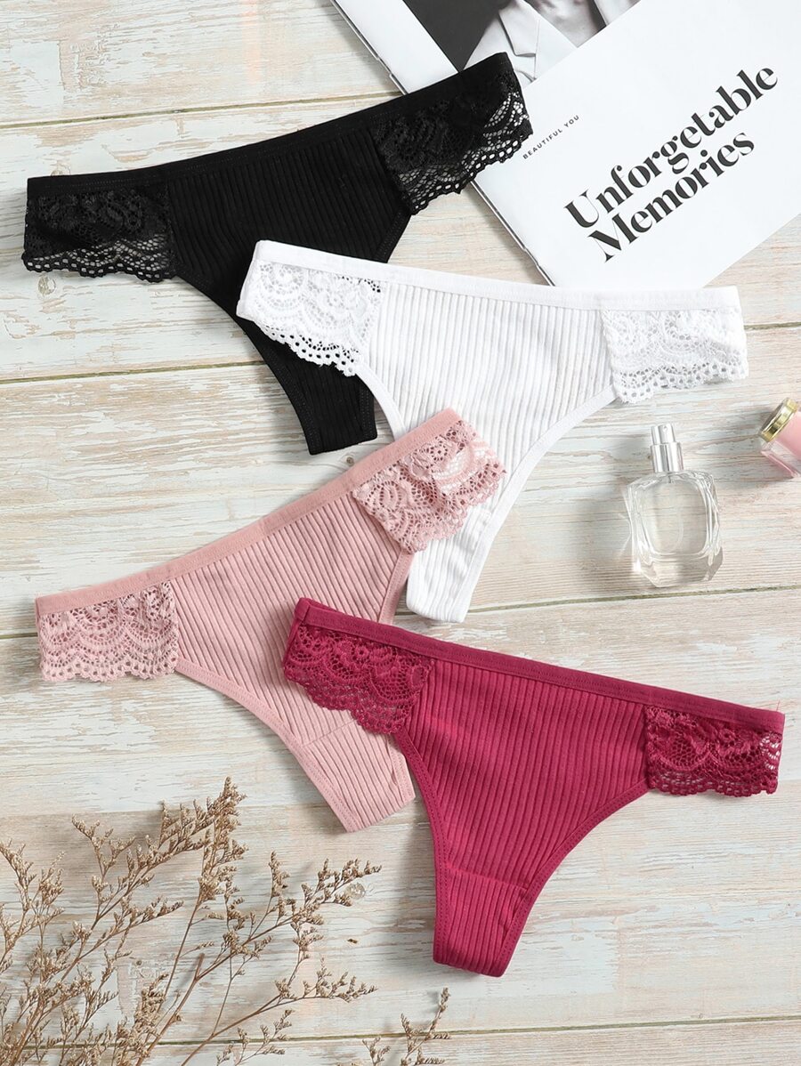 4 件装对比色蕾丝内裤套装性感内衣 - 彩色 - 查看 1