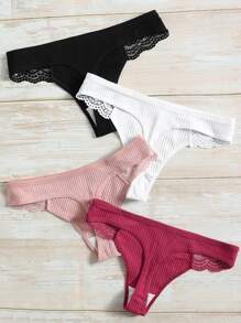 4 件装对比色蕾丝内裤套装性感内衣 - 彩色 - 查看 7