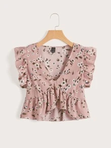 SHEIN Frenchy Allover Floral Print Ruffle Armhole Peplum Top Summer Vacation Flower - Dusty Pink - View 1