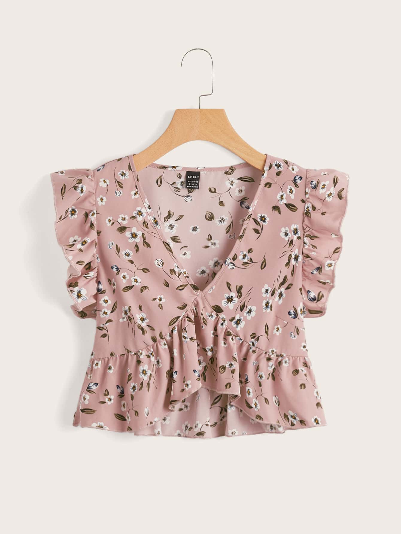 SHEIN Frenchy Allover Floral Print Ruffle Armhole Peplum Top Summer Vacation Flower - Dusty Pink - View 1