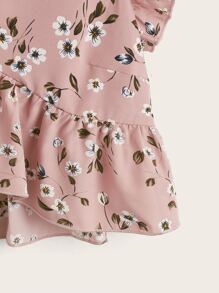 SHEIN Frenchy Allover Floral Print Ruffle Armhole Peplum Top Summer Vacation Flower - Dusty Pink - View 4