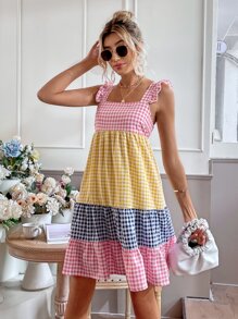 Breezaya 拼色格子印花荷叶边下摆连衣裙 度假海滩装 女款 - 彩色 - 查看 3
