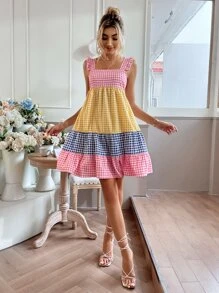 Breezaya 拼色格子印花荷叶边下摆连衣裙 度假海滩装 女款 - 彩色 - 查看 4